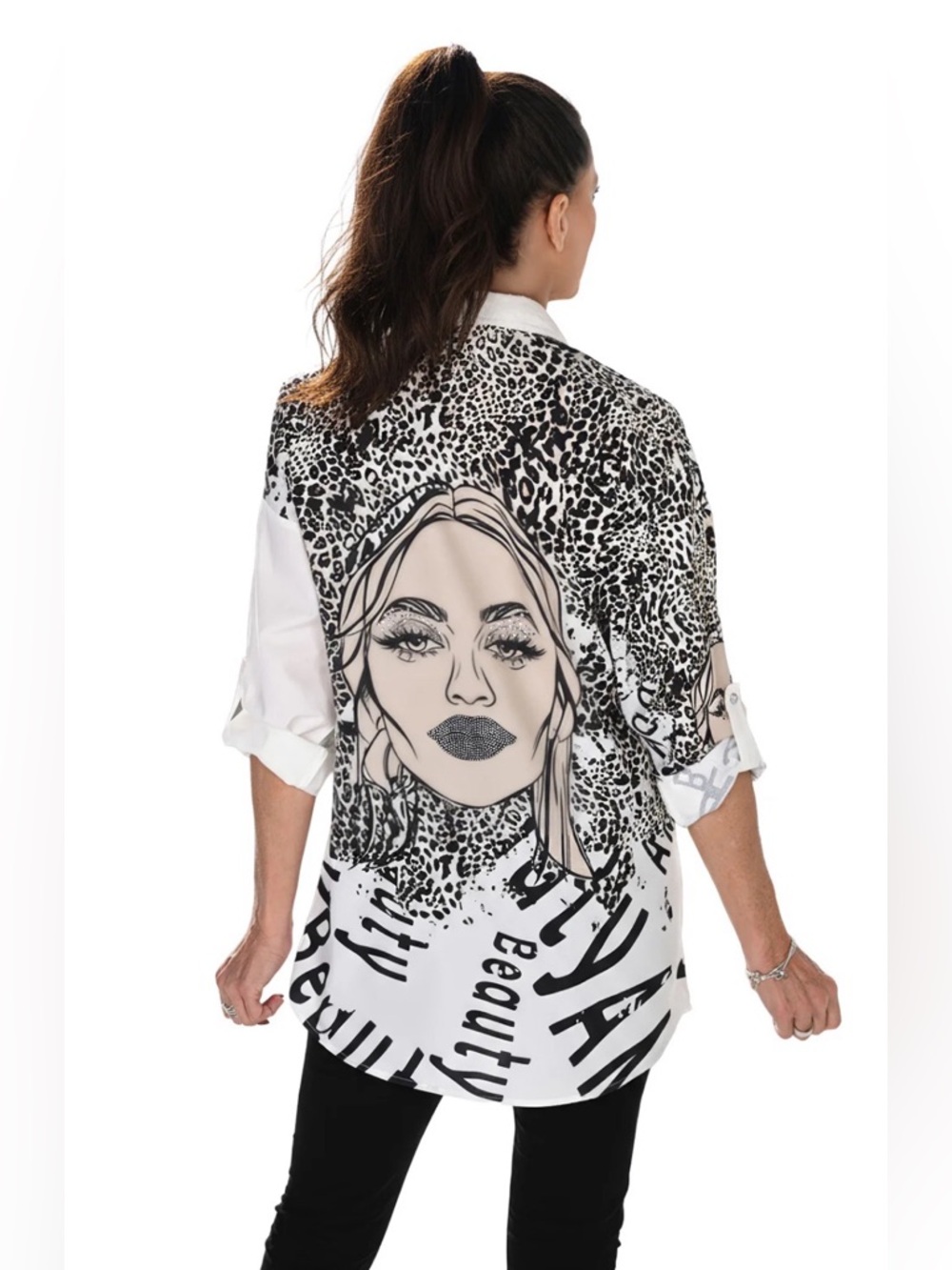 FRANK LYMAN Leopard & Typography Collared Shirt Sparkle Glam Unique Maximal XL - Picture 4 of 10